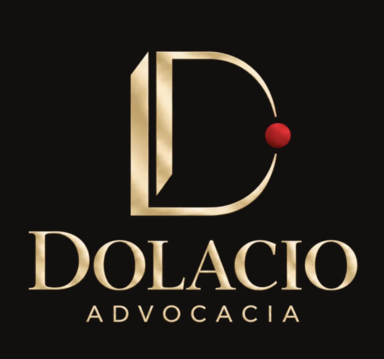 Dolacio Advocacia: monograma D dourado com ponto rubi sobre fundo escuro.